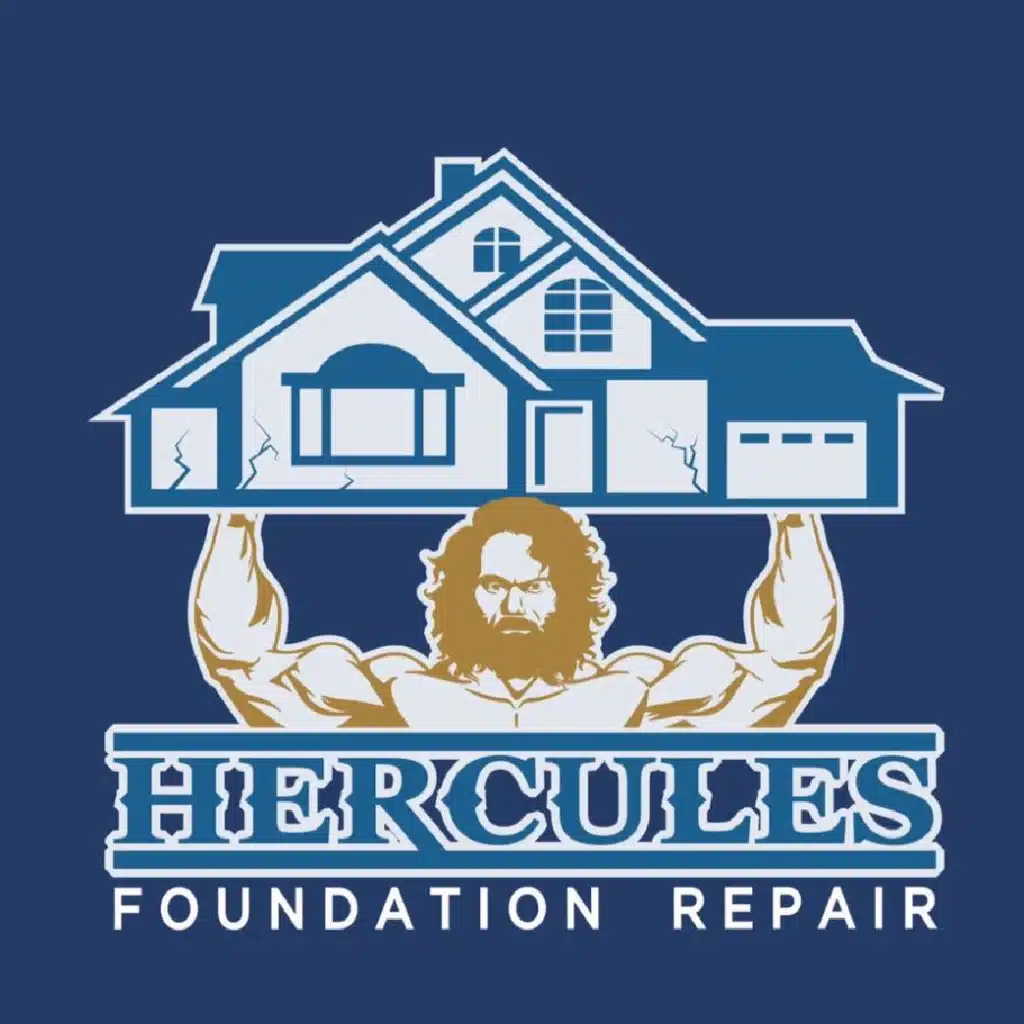 blue and hold hercules foundation repair logo with man holding home above his head